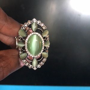 Green and rhinestone silver stretch band ring